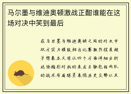 马尔墨与维迪奥顿激战正酣谁能在这场对决中笑到最后